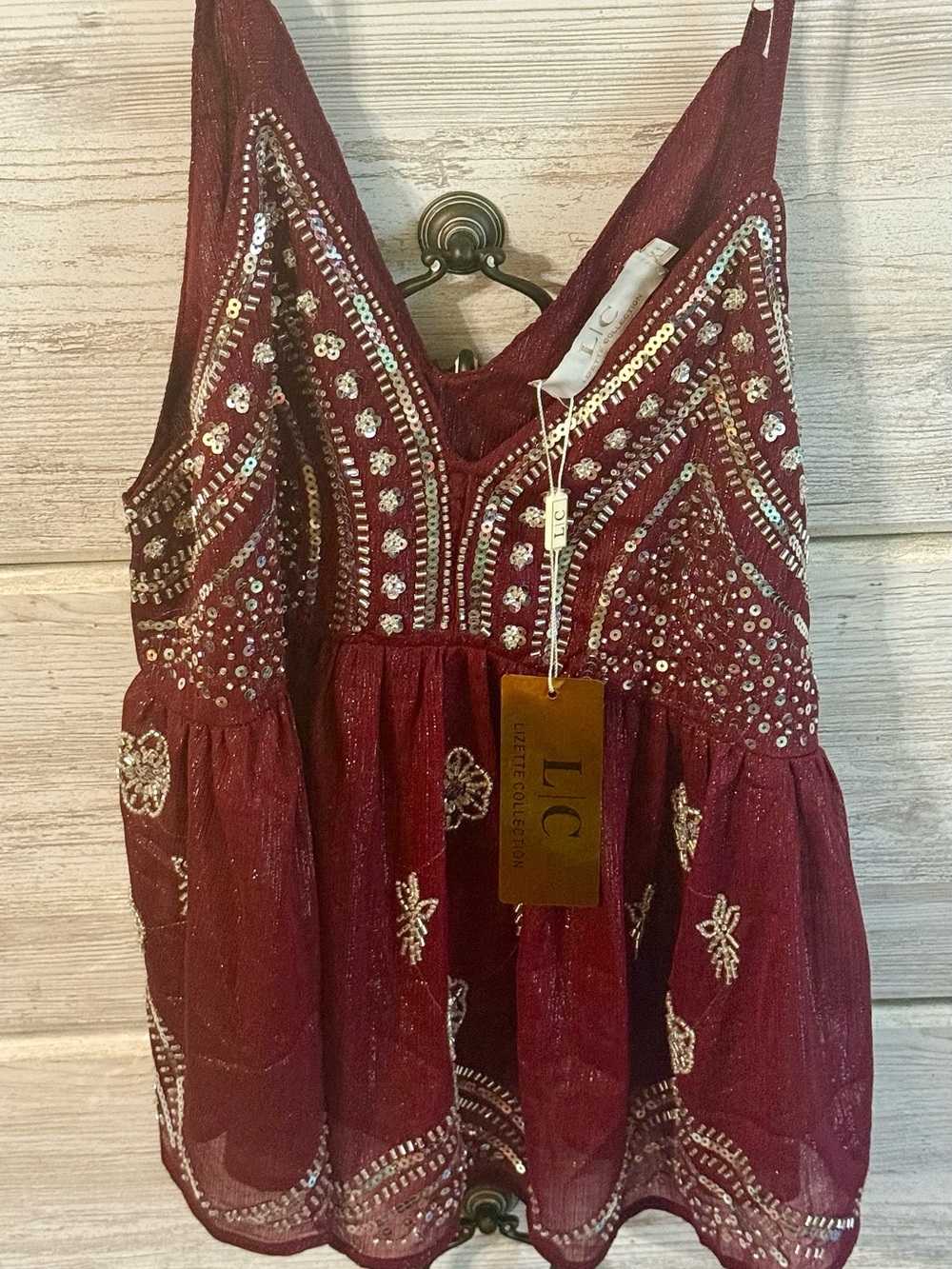 Burgundy Silver Sequin Beaded Cami
